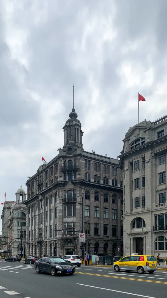 Historic commercial buildings lining a Shanghai street