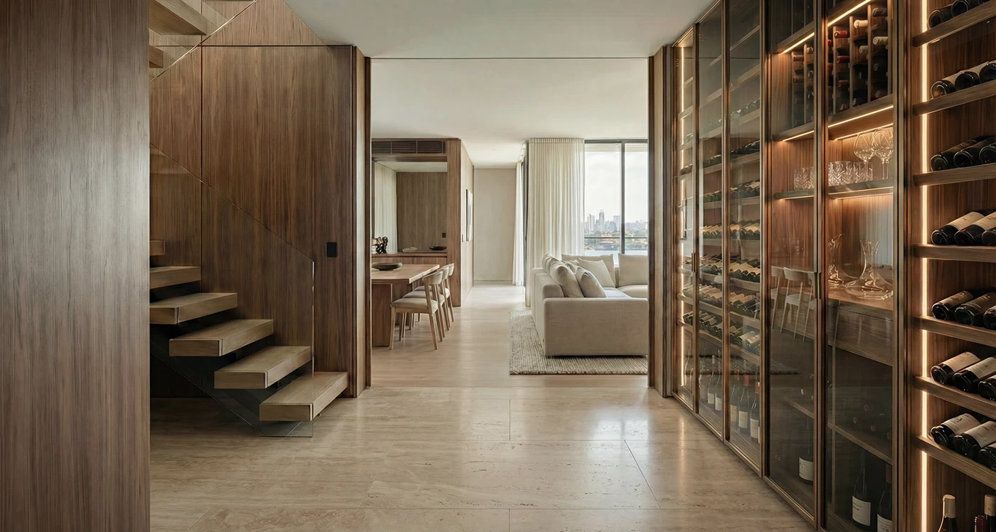 Foyer sequence with timber staircase, integrated shelving and aligned doorway