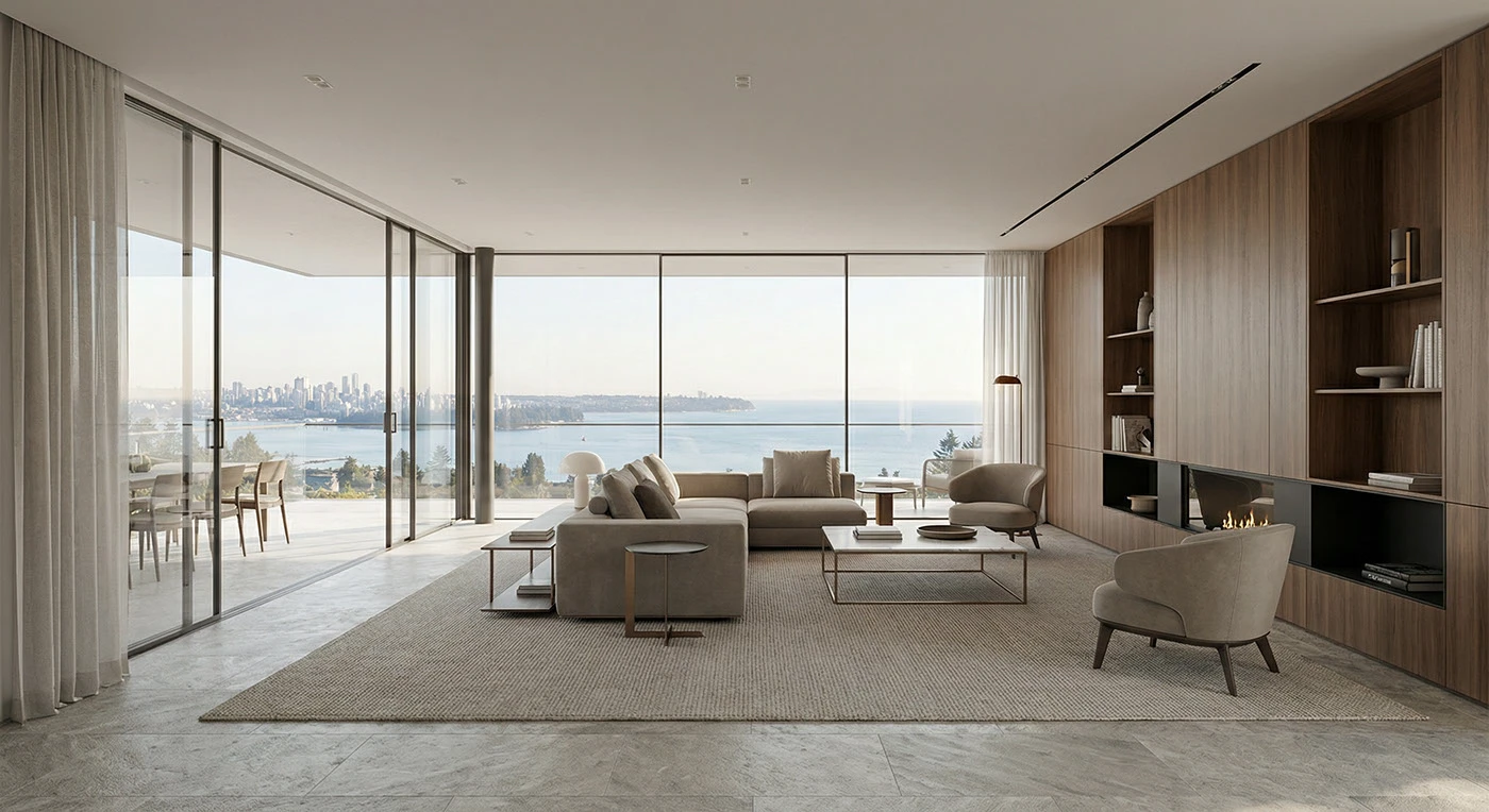 Daylit living room facing the waterfront through full-height glazing
