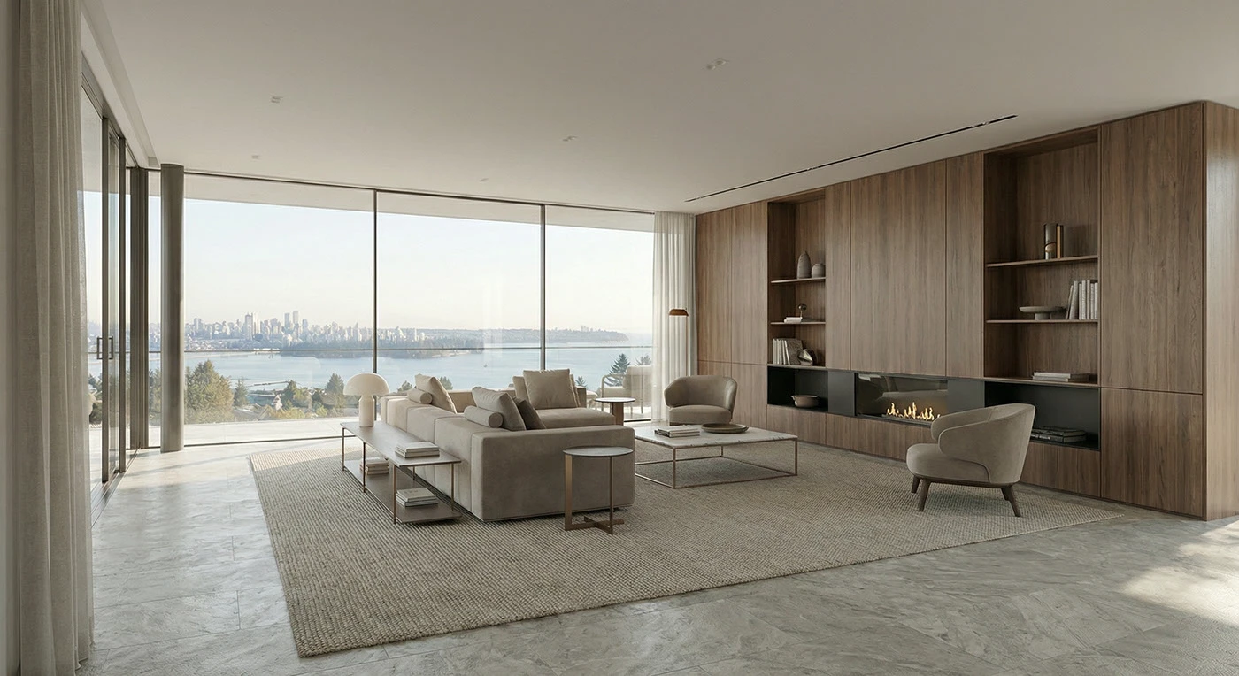 Living room framed by timber storage walls and a low stone fireplace