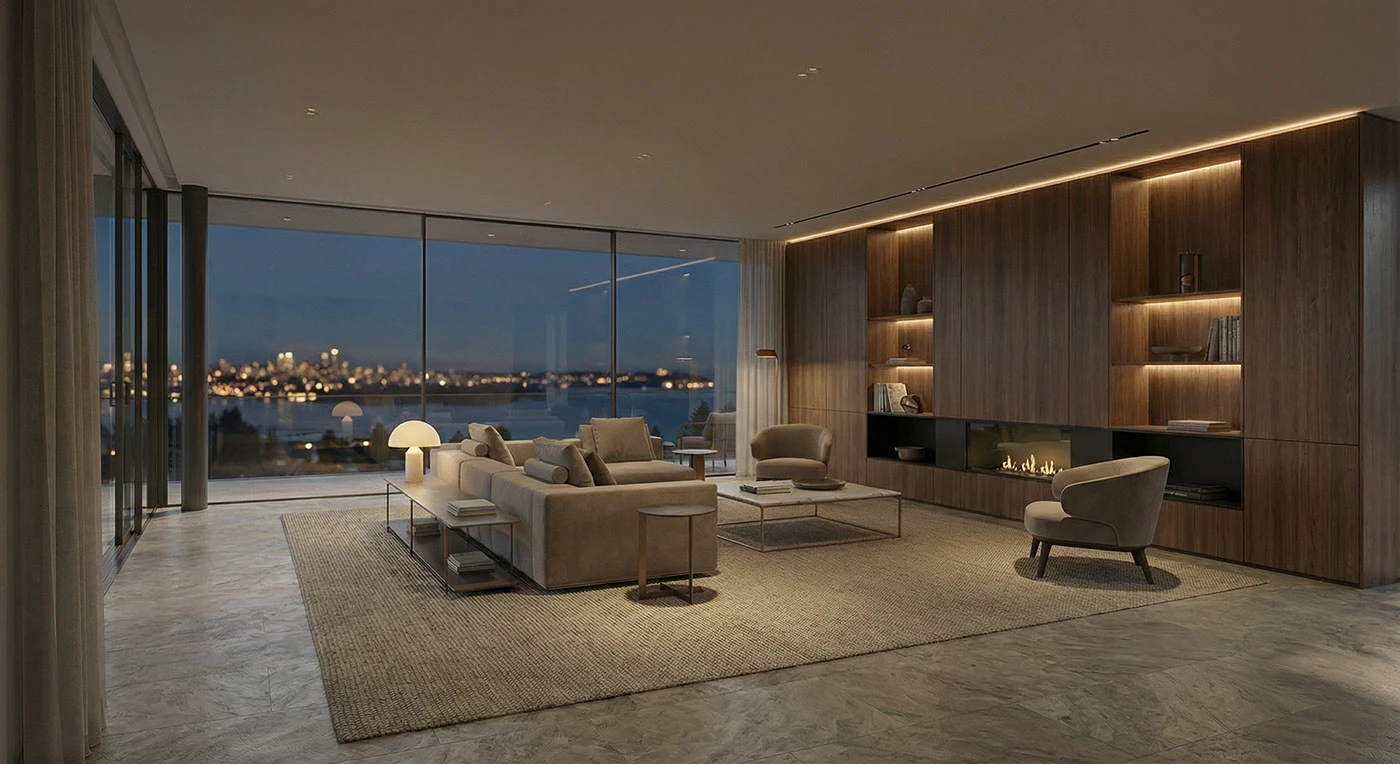 Living room at dusk with concealed lighting integrated into timber shelving