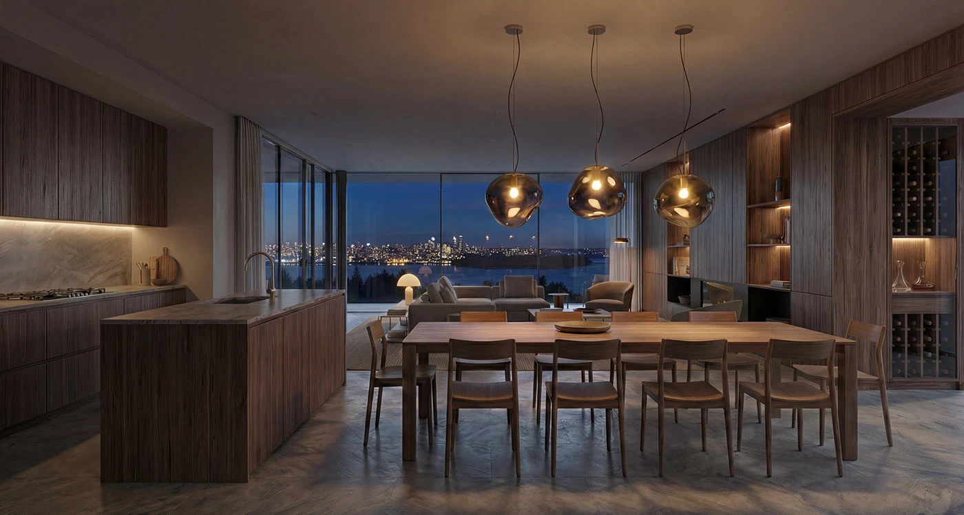 Open kitchen and dining area overlooking the waterfront at dusk