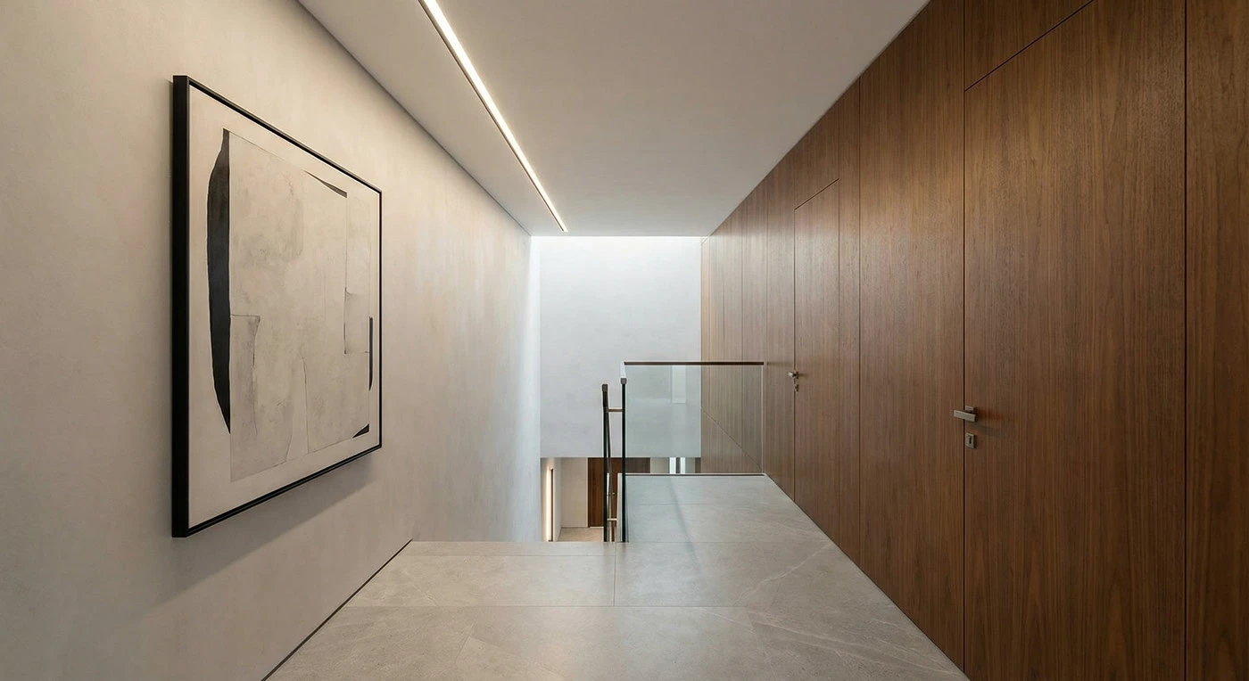 Minimal stair landing with continuous timber wall panels and linear ceiling light