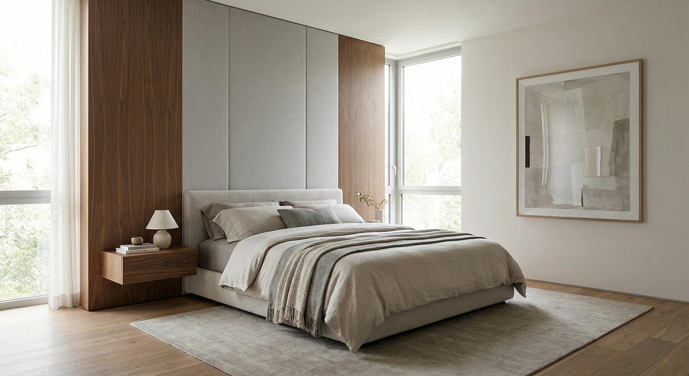 Primary bedroom with warm timber panels, soft textiles and corner glazing