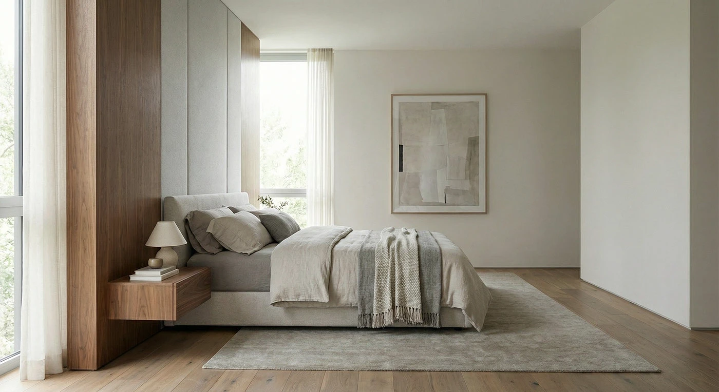 Primary bedroom viewed toward a full-height window and timber wardrobe