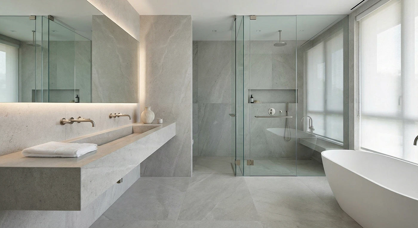 Stone bathroom with floating vanity, freestanding bath and glass shower enclosure