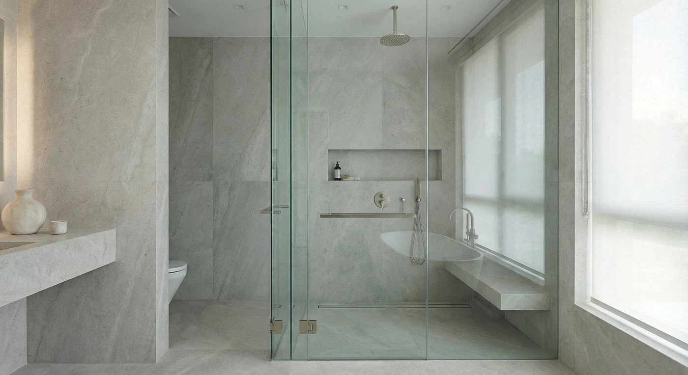 Walk-in shower with frameless glass, pale stone surfaces and recessed shelving