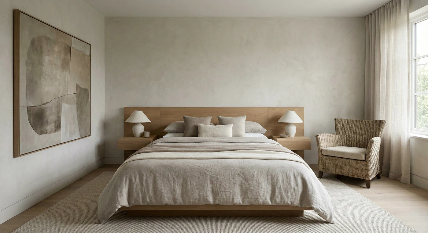 Secondary bedroom with upholstered bed, pale timber floor and neutral furnishings