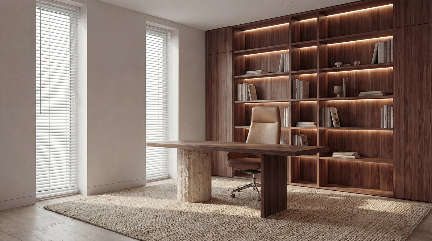 Home office with integrated timber library, central desk and window seating