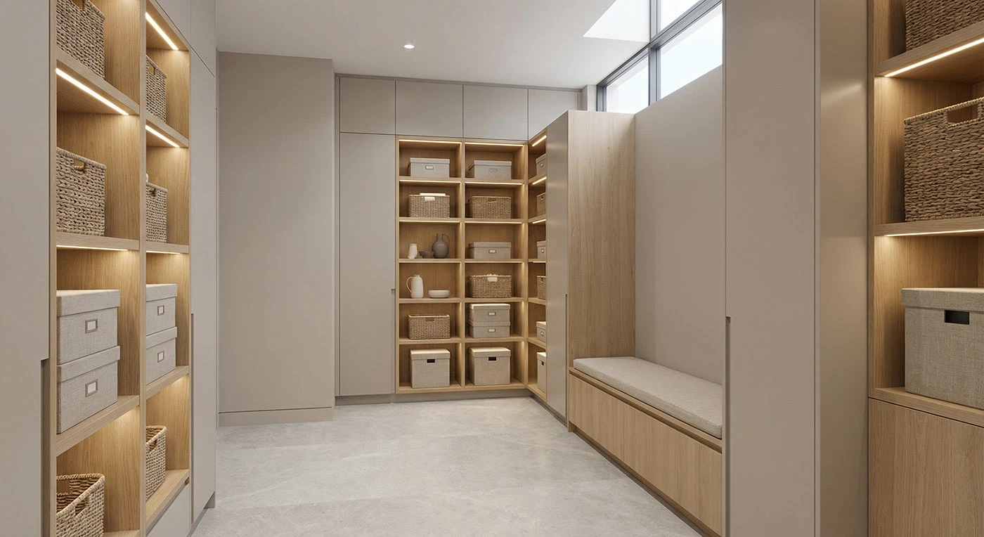 Integrated storage corridor with open shelving, cabinetry and built-in bench