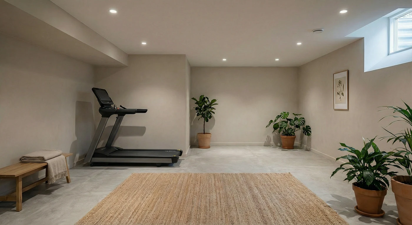 Flexible basement gym with timber storage, exercise equipment and indoor planting