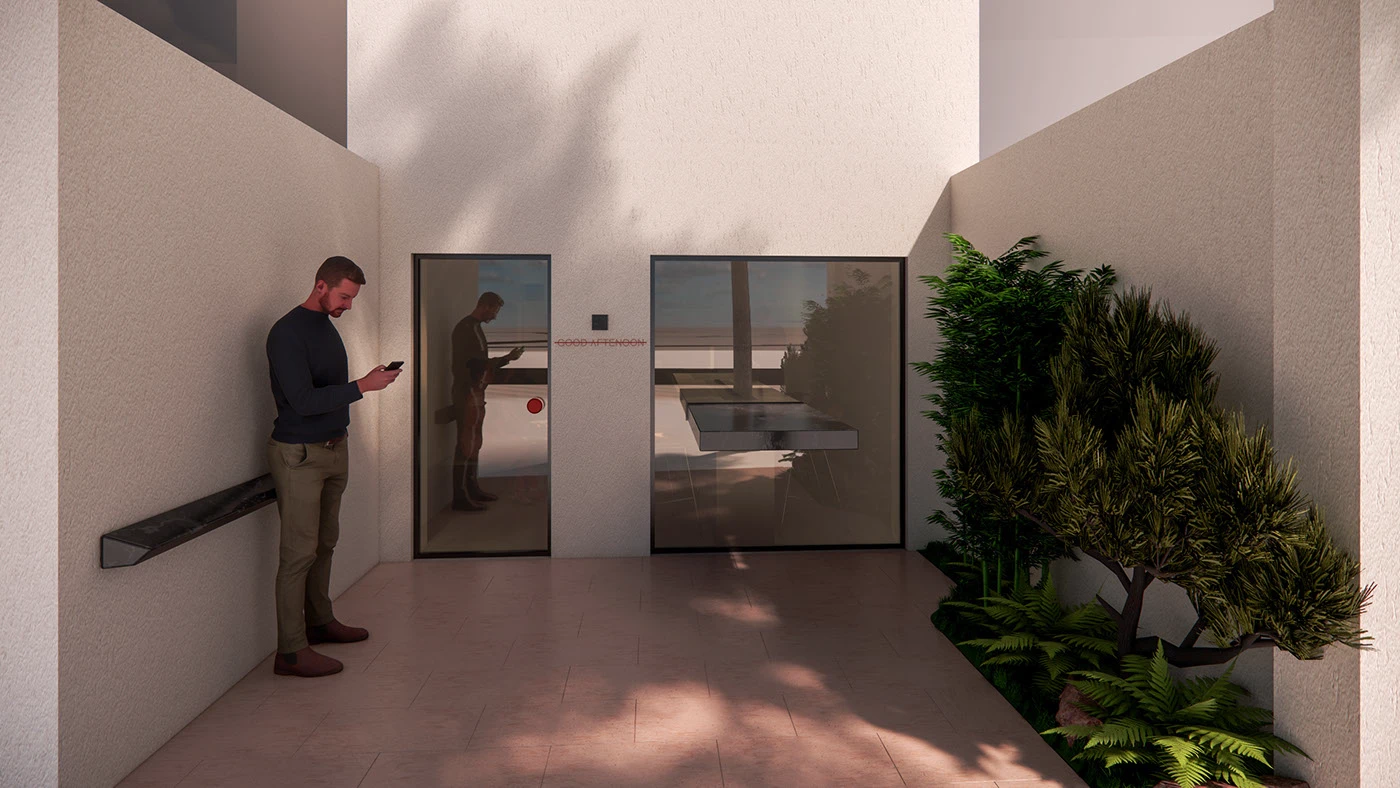 Entrance rendering with a recessed service window and planted courtyard