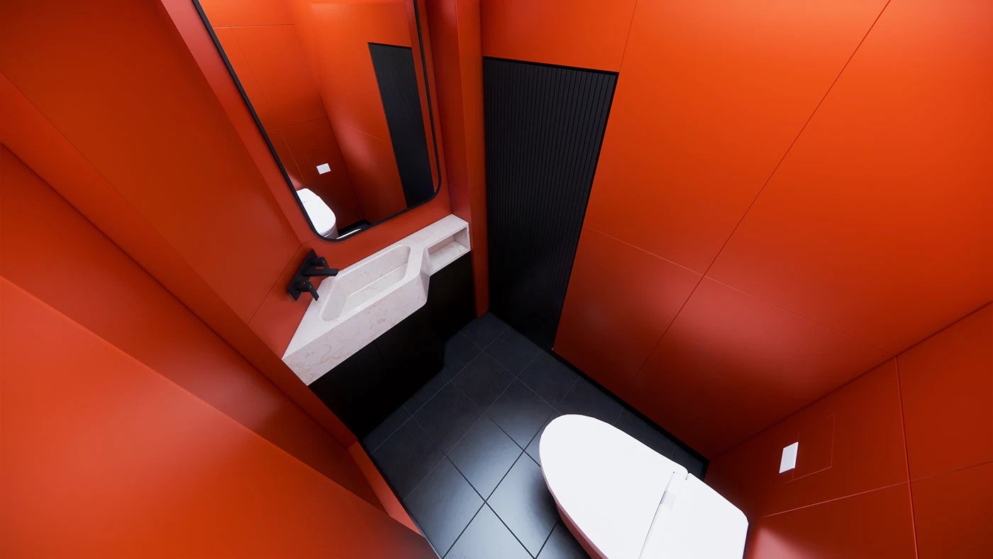 Orange-red restroom rendering with black tiled floor and white fixtures