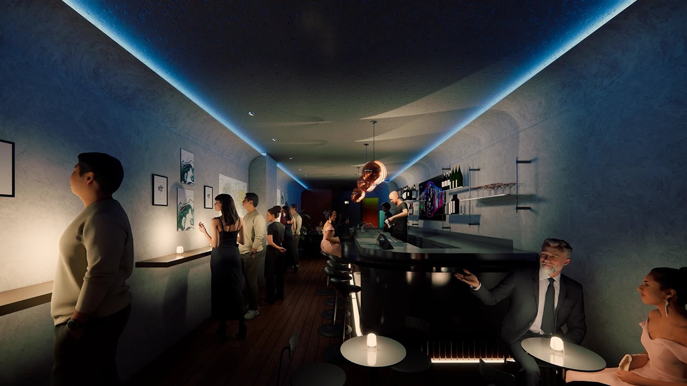 Interior rendering of the completed Weique Tavern bar