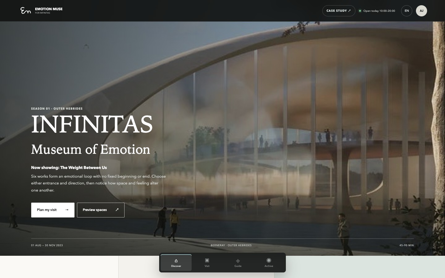 Emotion Muse web prototype desktop layout with wide museum hero, navigation and visitor controls