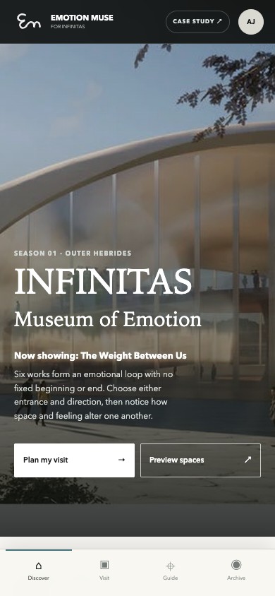 Emotion Muse web prototype mobile layout with compact header and single-column museum journey