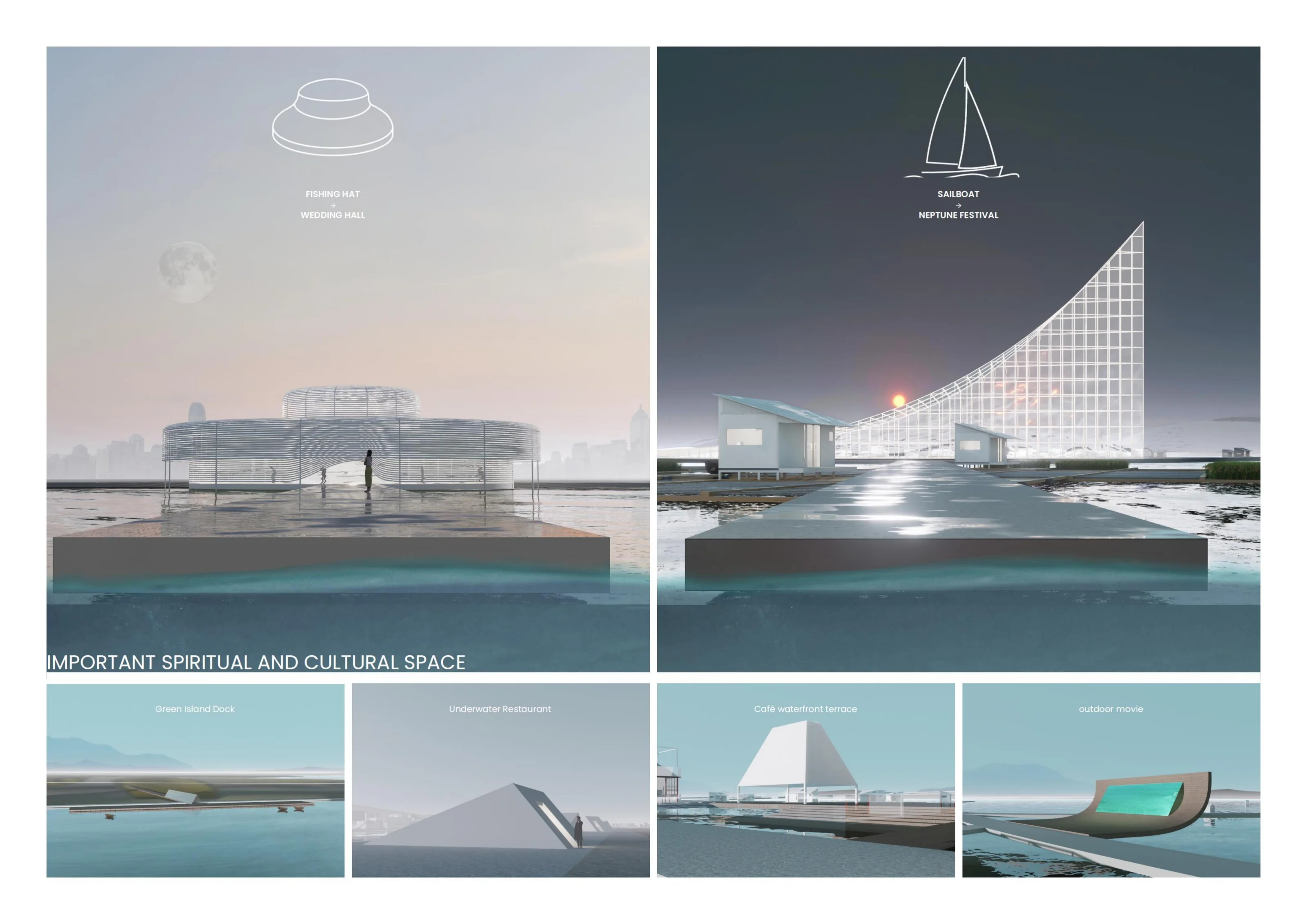 Fishing-hat wedding hall and sail-inspired festival pavilion with waterfront public-space studies