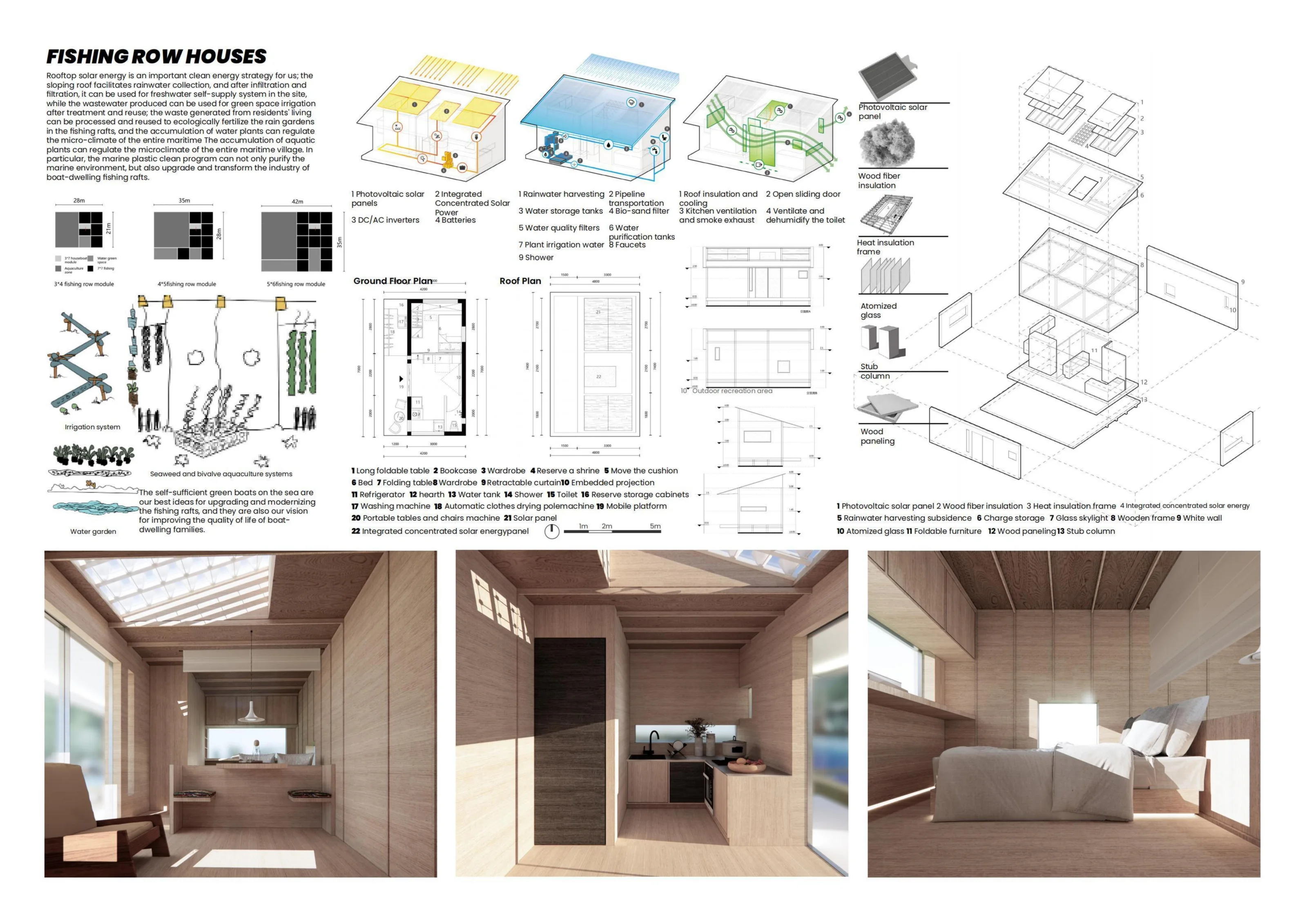 Fishing row house board with energy, water, passive cooling, aquaculture, plans, construction and interior views