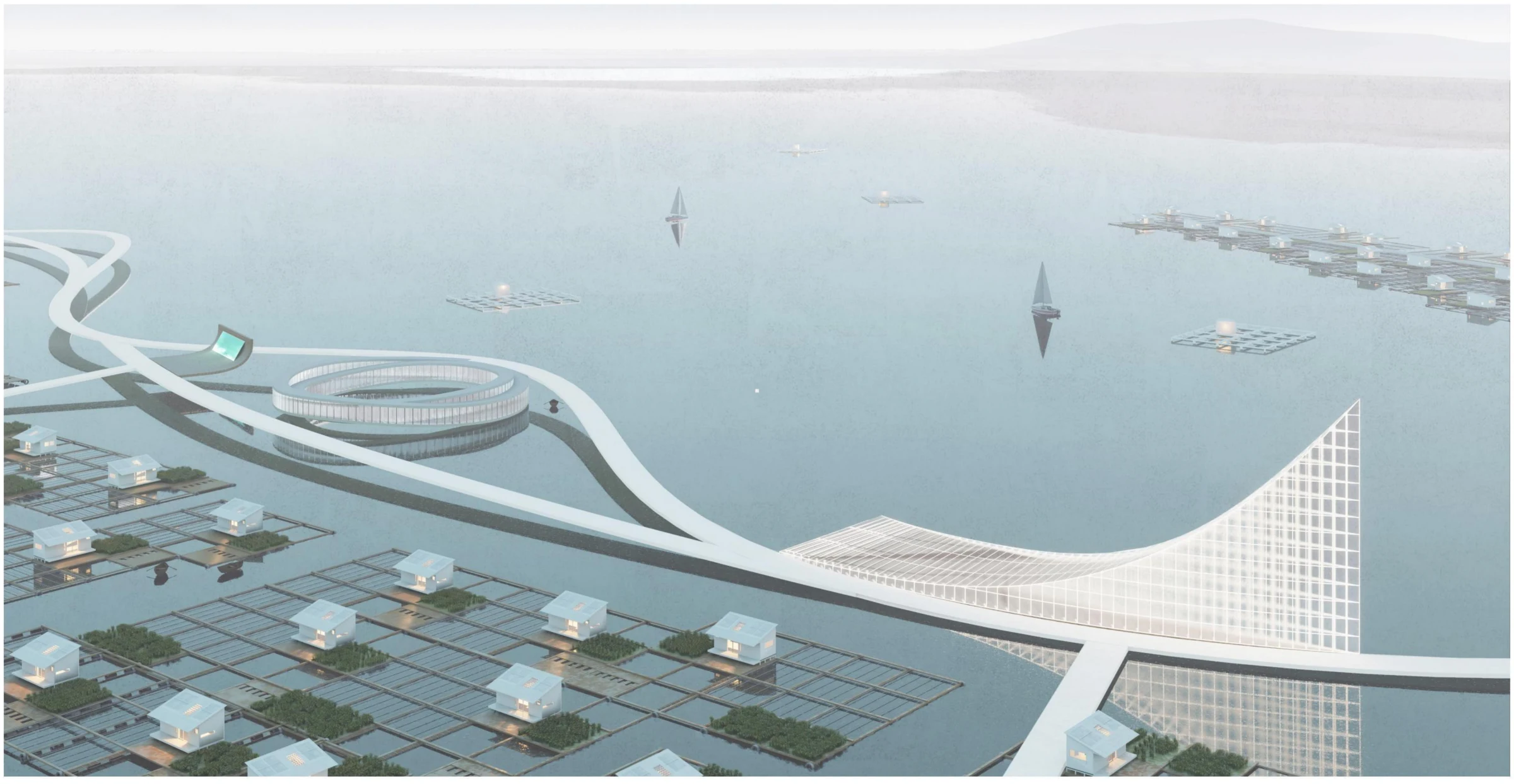 Floating Green Island masterplan vision connecting Xincun Lagoon’s shore and fishing-raft settlement