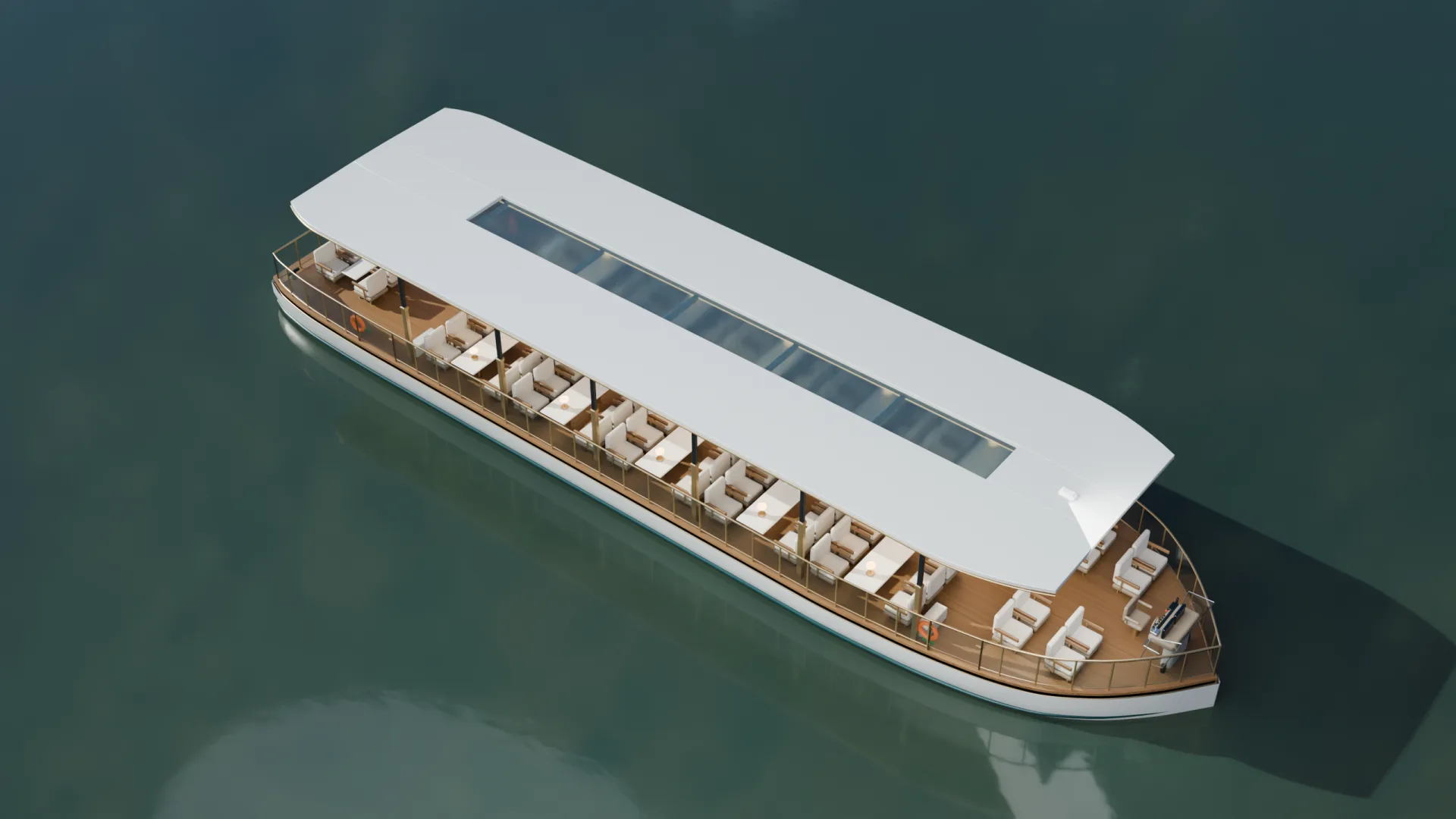 Aerial view showing the continuous passenger deck and pointed bow