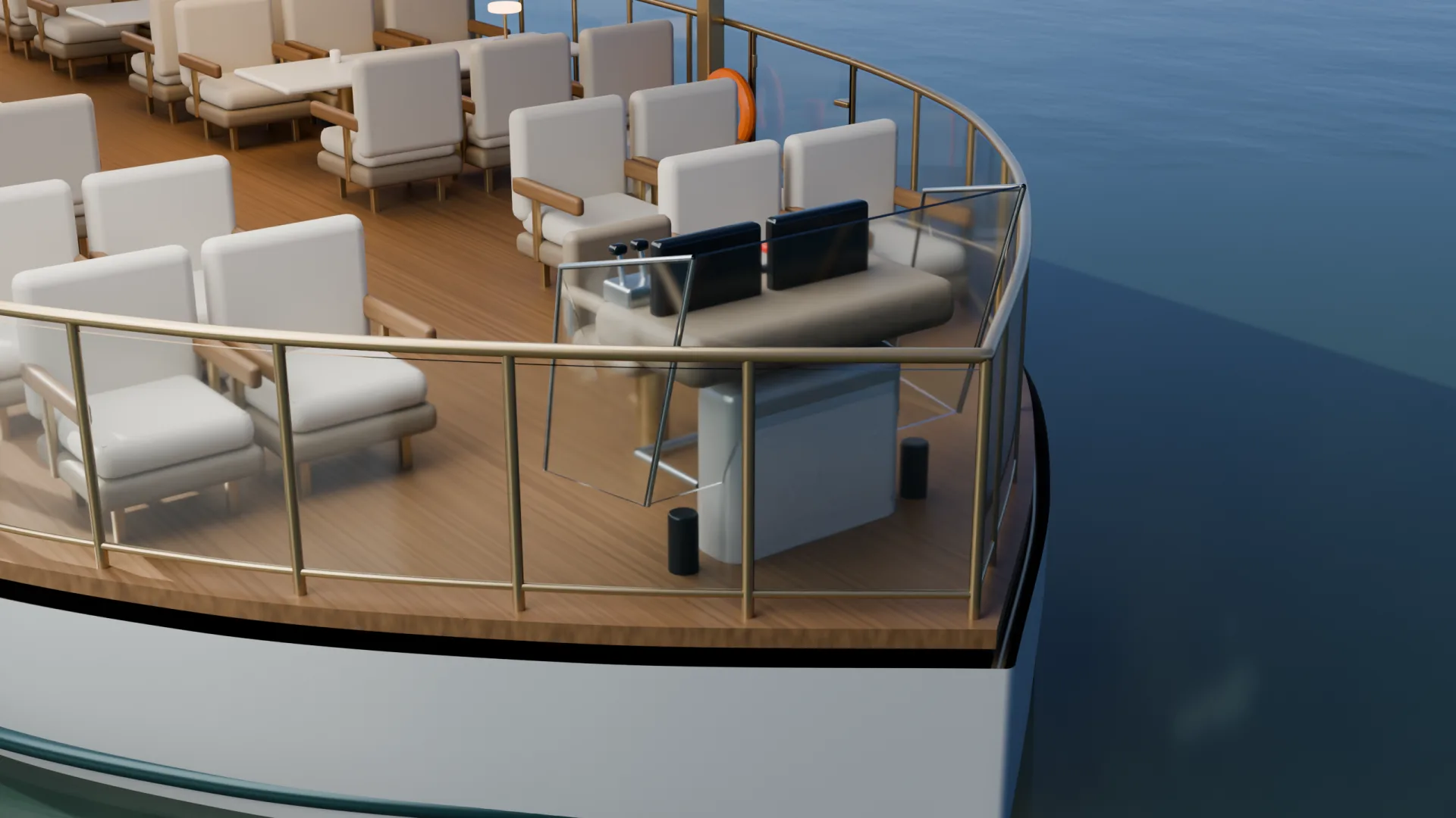 Pointed bow with continuous glass balustrade and handrail