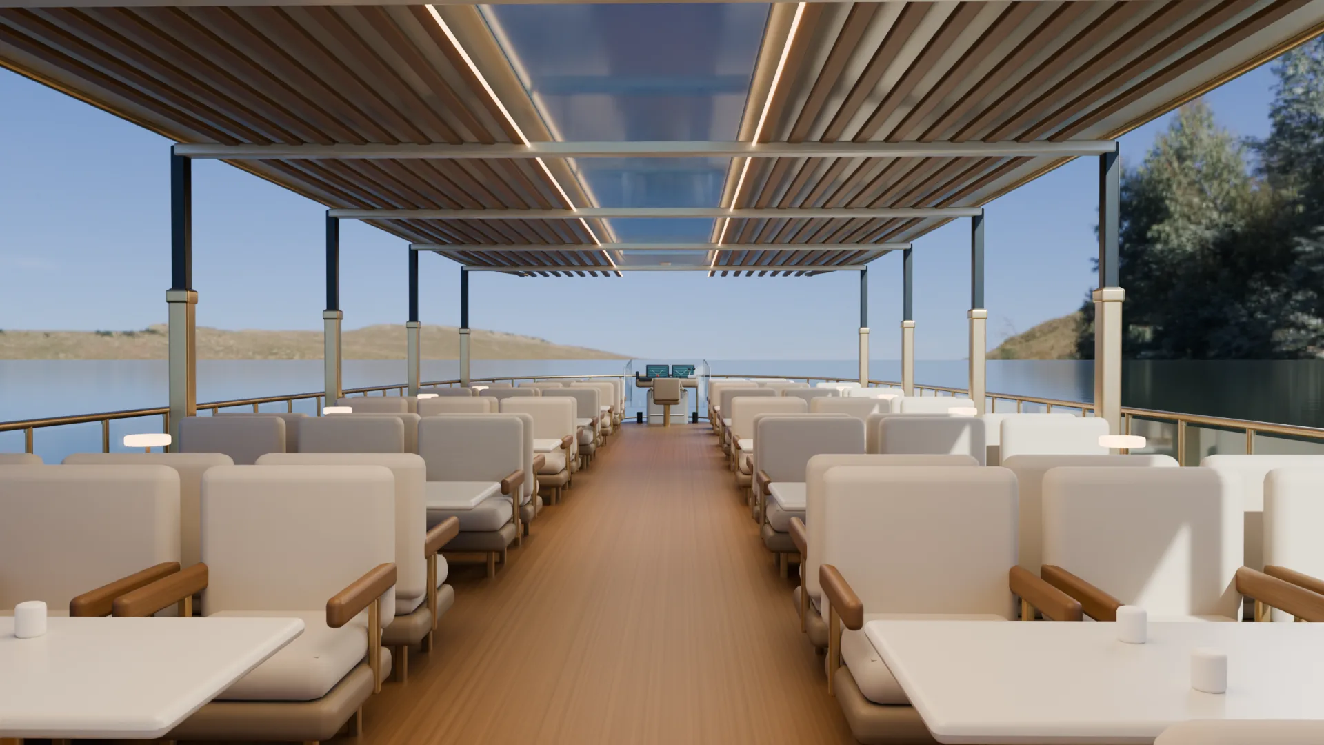 Semi-open passenger lounge with central passage