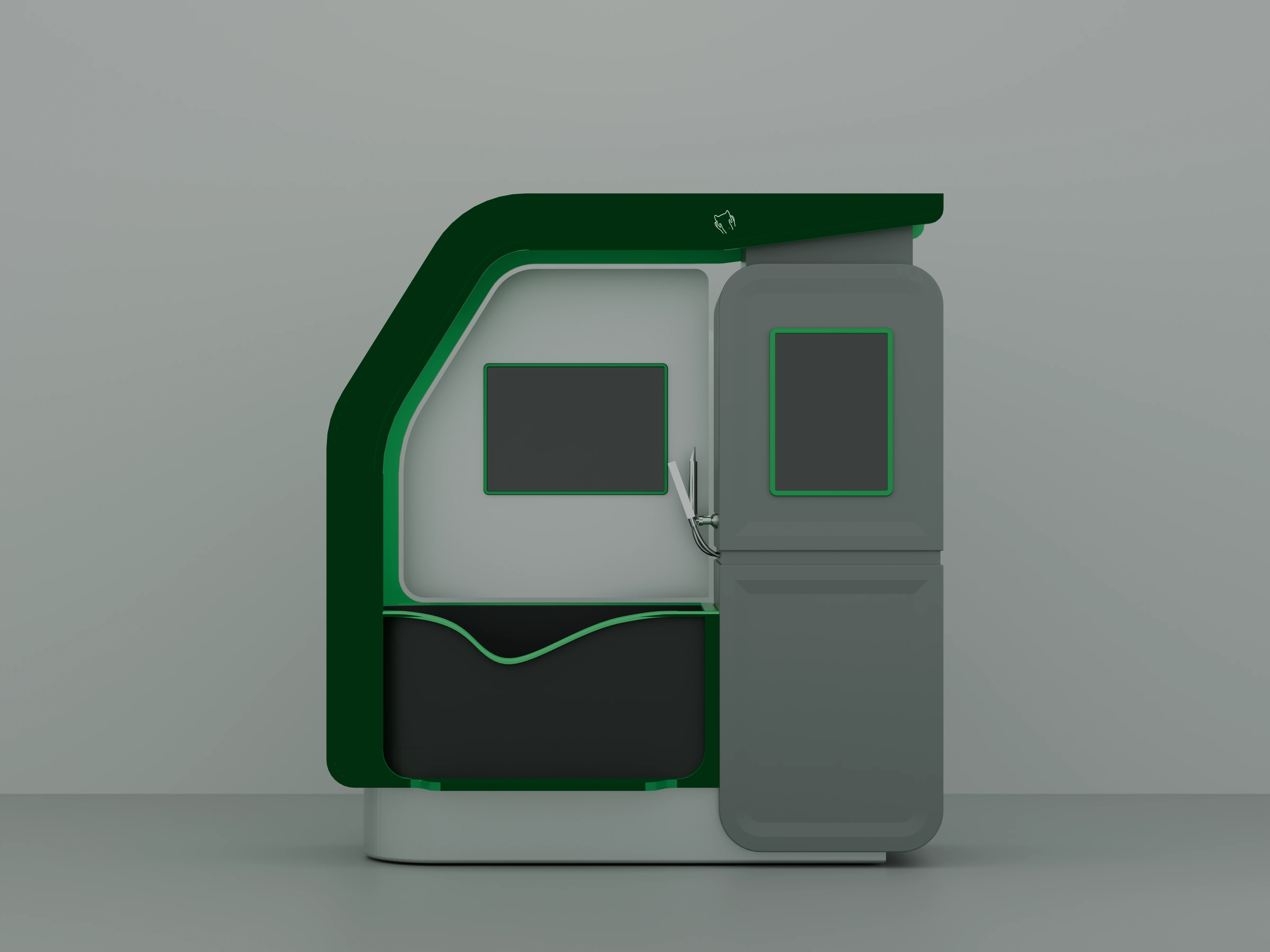 High-resolution front-elevation Cycles render generated from the original Pet Wash Machine geometry, preserving the green enclosure, wet zone, service cabinet and portrait display position