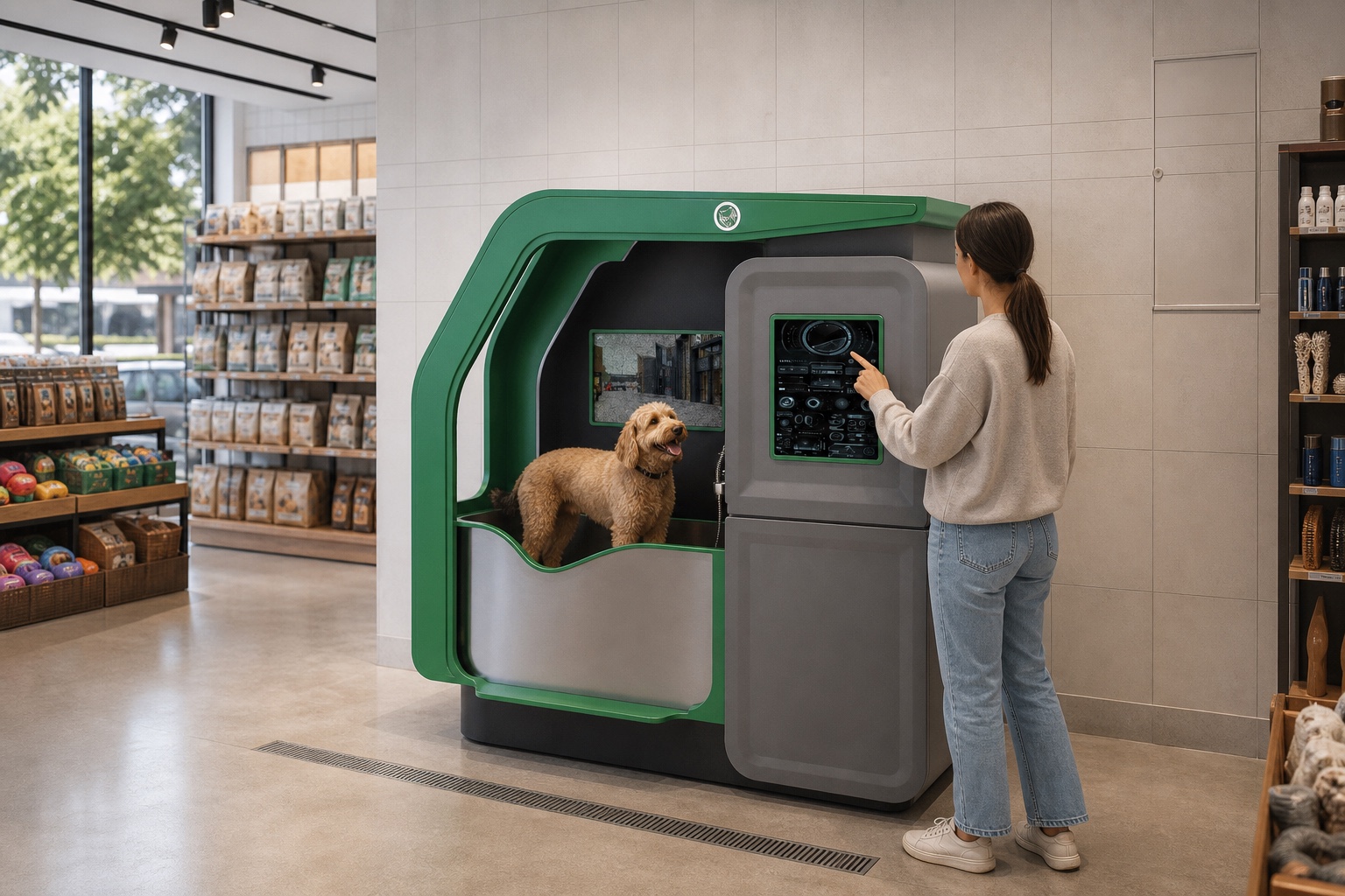 Pet Wash Machine installed in a contemporary pet supplies store with a dog and owner