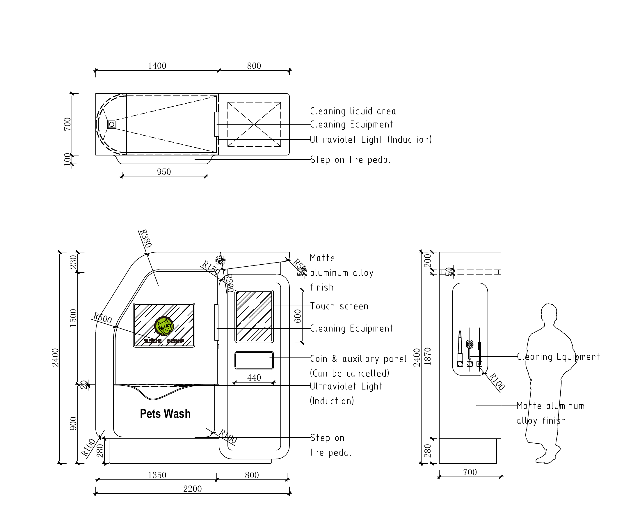 Pet Wash Machine technical drawing with plan, front and side elevations