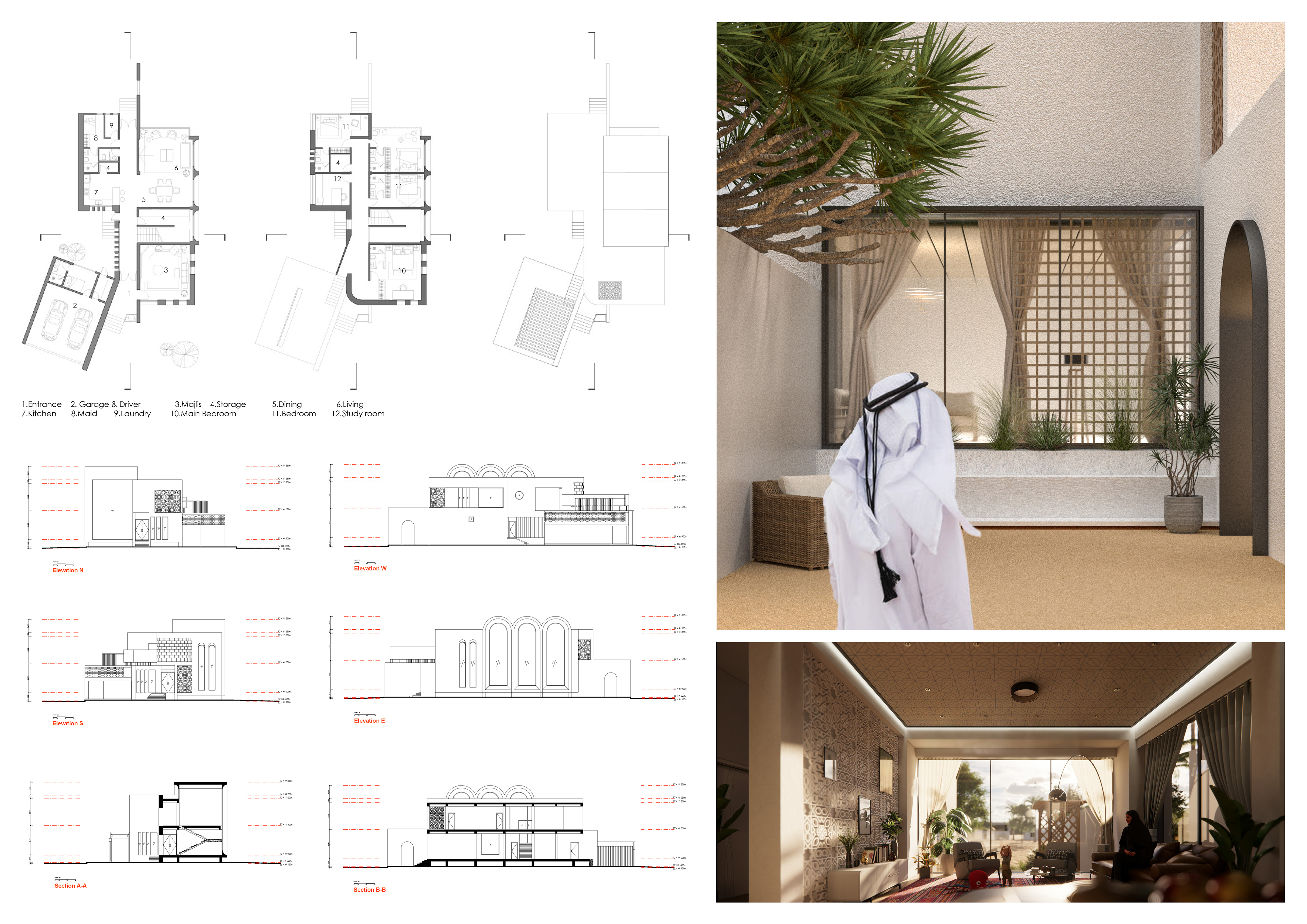 Urban Veins plans, elevations, sections, courtyard, and interior board