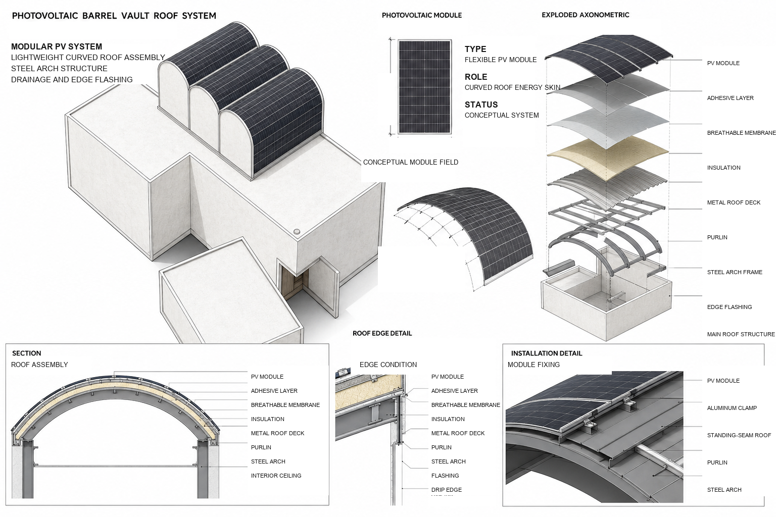 Conceptual photovoltaic barrel vault roof system board with modular flexible PV layout, roof section, edge detail, installation detail, and exploded axonometric